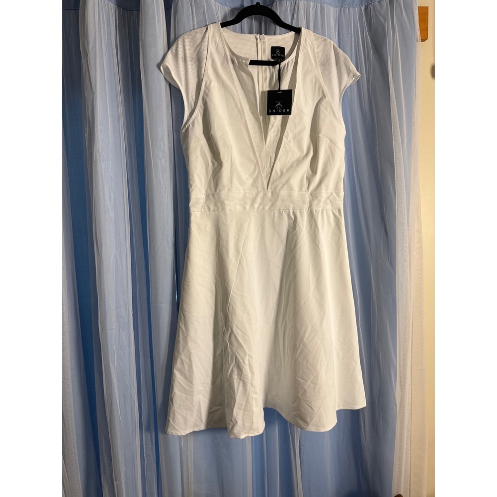 Snider‎ Fit and Flare Dress Women XL White New V-Neck Mesh Panel Pockets